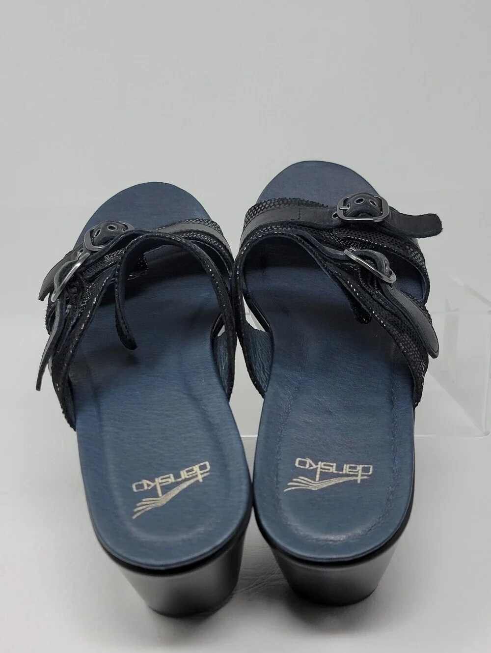 Dansko Womens Jessie Black Leather Buckle Wedge Platform Slide Sandals Size 41